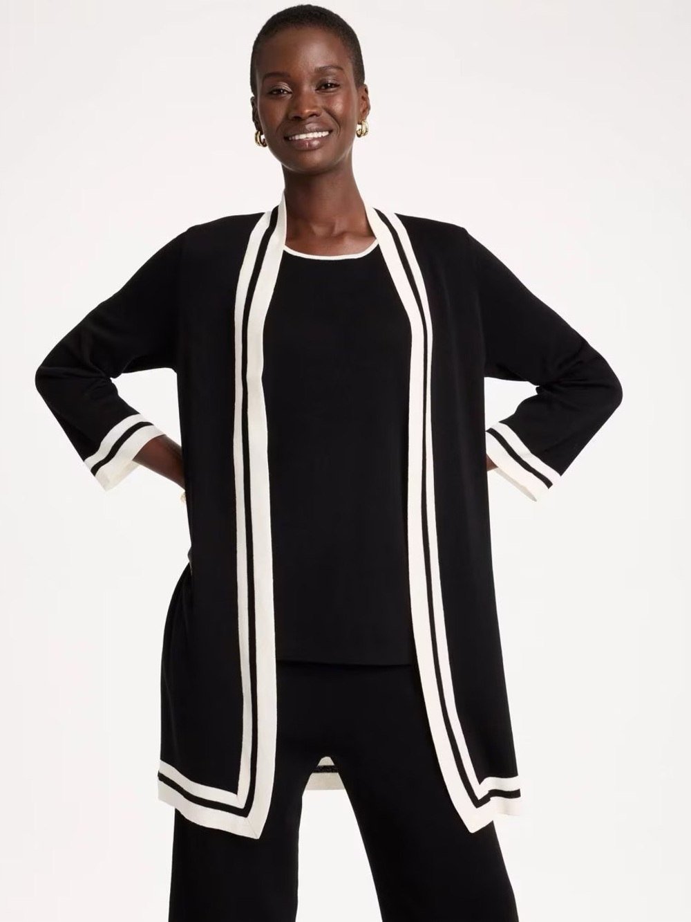 Chicos Travelers Tipped Long Sleeve Cardigan and Shell Set, Size 2 (Large)